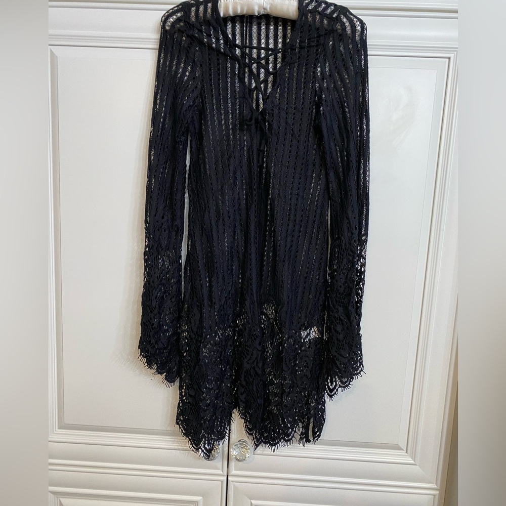Venus Size X-Small Long Black Crocheted Swim Cover-Up with Lacey Bottom